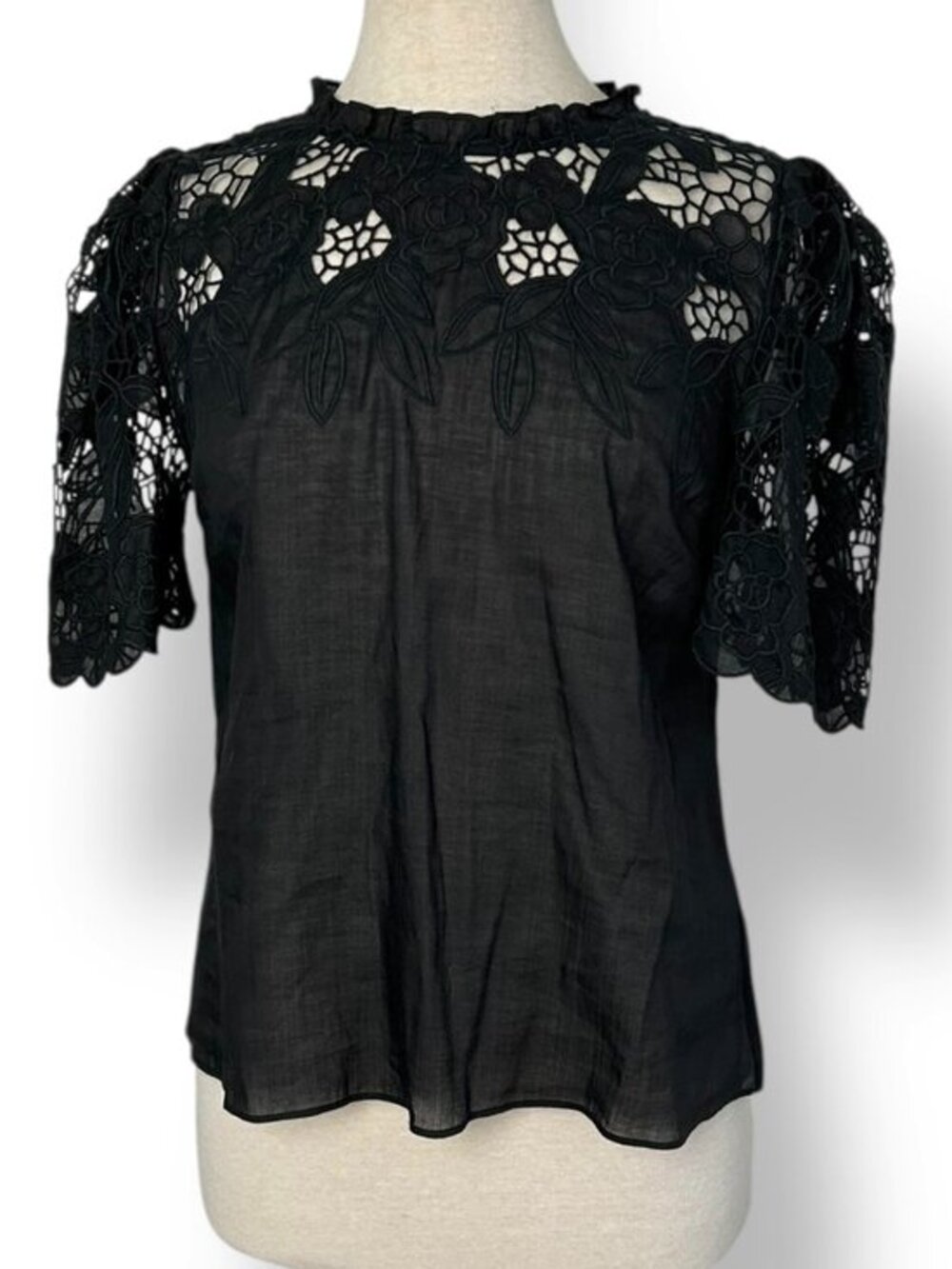 NWT Caballero Katia Black Ramie Cotton Guipure Lace Short Sleeve Top Sz XS